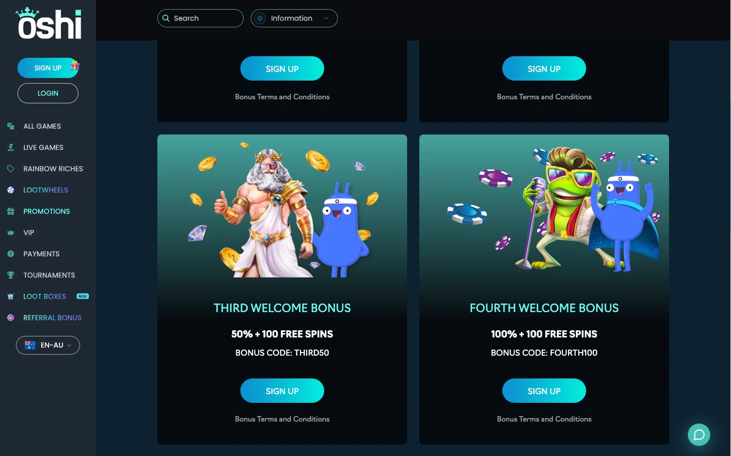 Oshi Casino 100 free spins on the third and fourth welcome bonus cards with codes THIRD50 and FOURTH100
