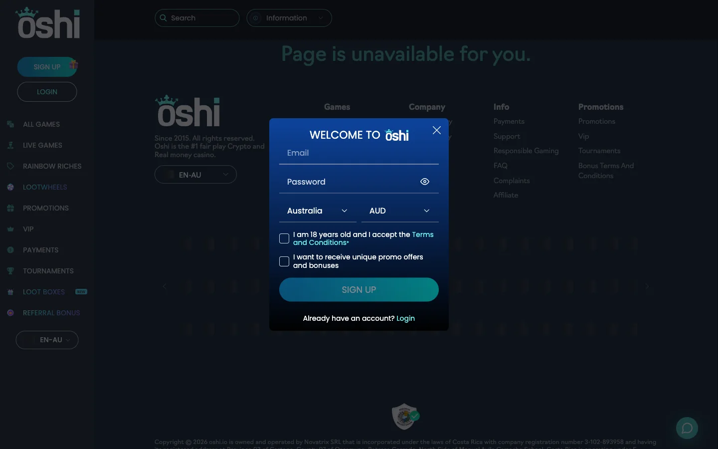 Oshi Casino sign up modal on mobile with country set to Australia and currency set to AUD